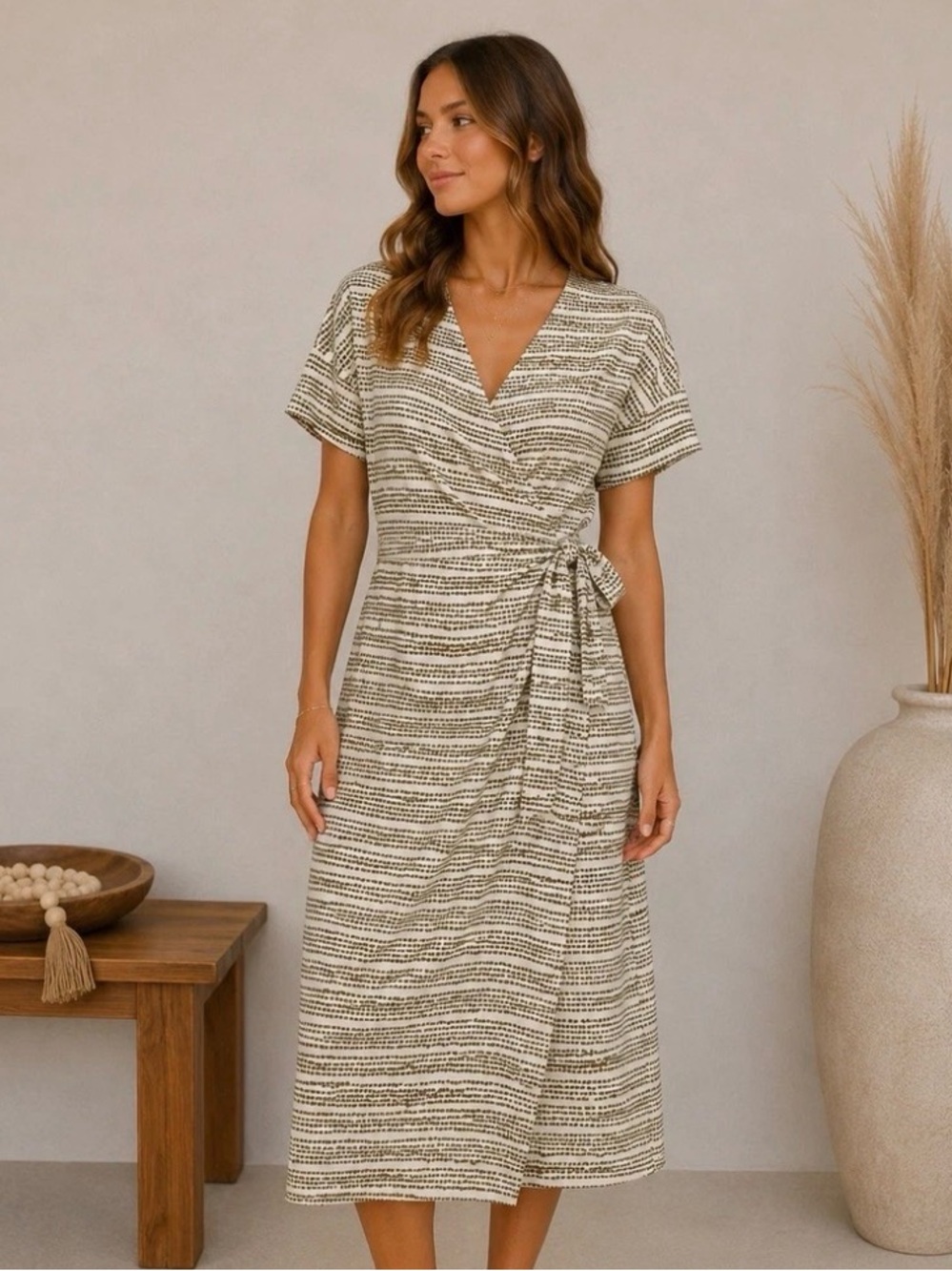 Prologue Neutral Striped Tie-Front Midi Dress